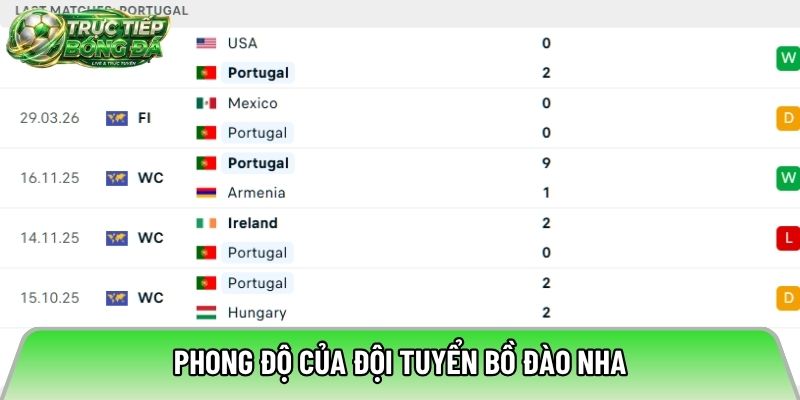 Phong độ của đội tuyển Bồ Đào Nha