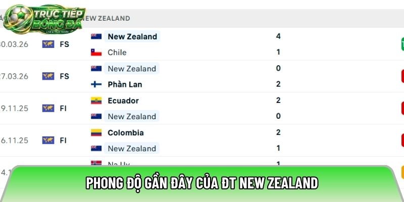 Phong độ gần đây của ĐT New Zealand
