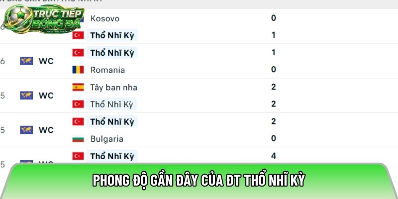Phong độ gần đây của ĐT Thổ Nhĩ Kỳ